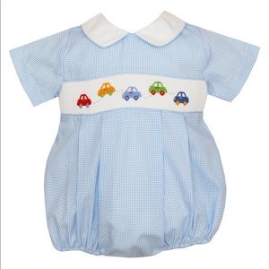 NWT! - PETIT BEBE INFANT BOY CARS SMOCKED BUBBLE